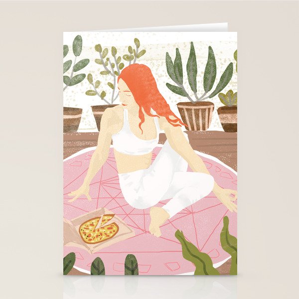 Yoga + Pizza, Red Head Woman Work Out Stay At Home, Ginger Plant Lady Home Decor Food Illustration Stationery Card