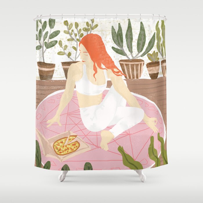 Yoga + Pizza, Red Head Woman Work Out Stay At Home, Ginger Plant Lady Home Decor Food Illustration Shower Curtain