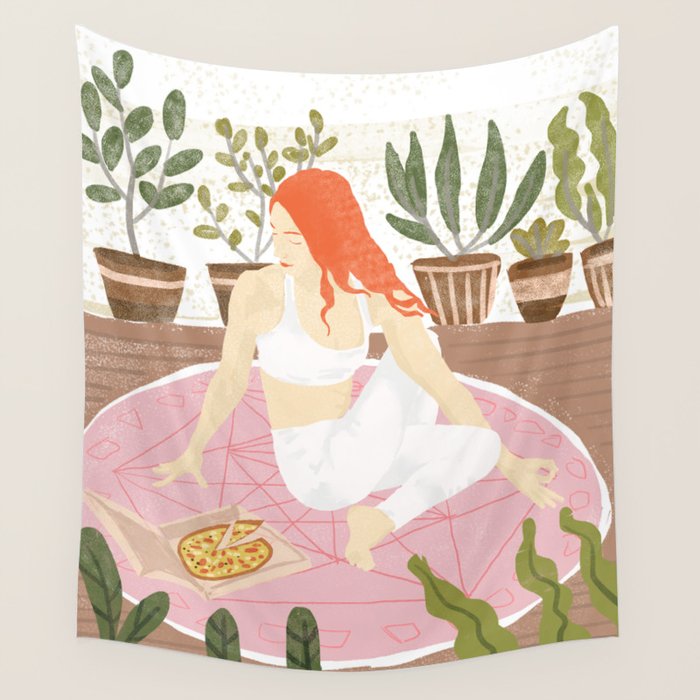 Yoga + Pizza, Red Head Woman Work Out Stay At Home, Ginger Plant Lady Home Decor Food Illustration Wall Tapestry