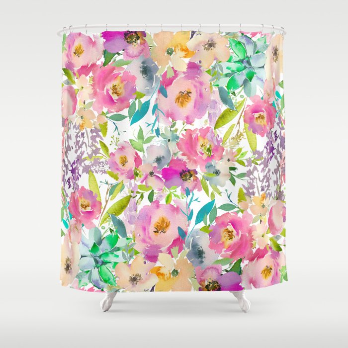 Hand Painted Pink Lavender Lilac Teal Watercolor Elegant Floral Shower Curtain