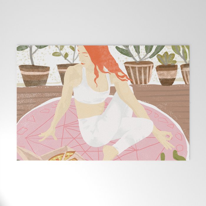 Yoga + Pizza, Red Head Woman Work Out Stay At Home, Ginger Plant Lady Home Decor Food Illustration Welcome Mat