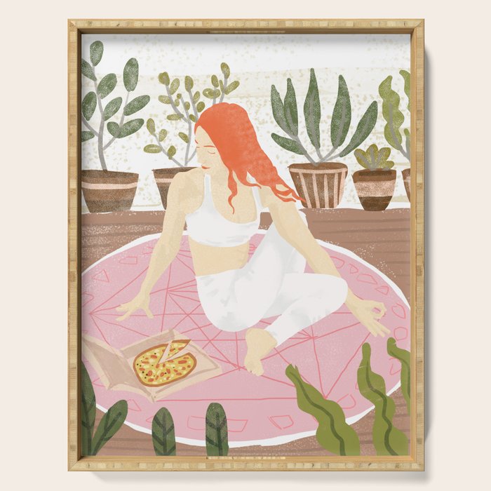 Yoga + Pizza, Red Head Woman Work Out Stay At Home, Ginger Plant Lady Home Decor Food Illustration Serving Tray
