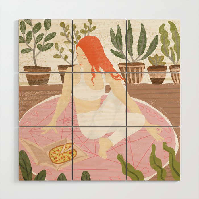 Yoga + Pizza, Red Head Woman Work Out Stay At Home, Ginger Plant Lady Home Decor Food Illustration Wood Wall Art