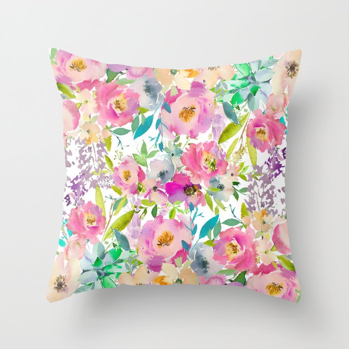 Hand Painted Pink Lavender Lilac Teal Watercolor Elegant Floral Throw Pillow
