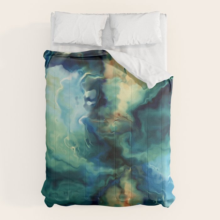 Marbled Ocean Abstract, Navy, Blue, Teal, Green Comforter