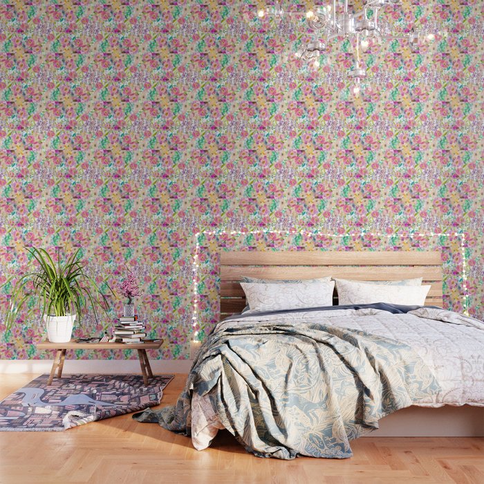 Hand Painted Pink Lavender Lilac Teal Watercolor Elegant Floral Wallpaper