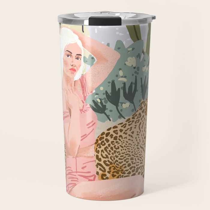 How To Train Your Leopard, Wild Cat Bohemian Woman Painting, Swimming Pool Bikini Summer Swim Animal Travel Mug