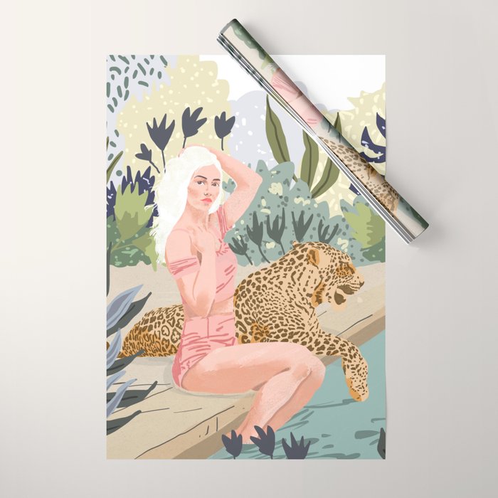 How To Train Your Leopard, Wild Cat Bohemian Woman Painting, Swimming Pool Bikini Summer Swim Animal Wrapping Paper