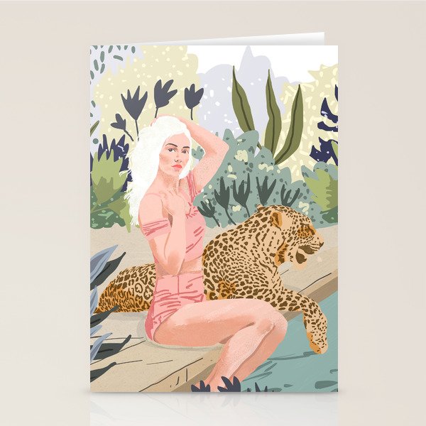 How To Train Your Leopard, Wild Cat Bohemian Woman Painting, Swimming Pool Bikini Summer Swim Animal Stationery Card