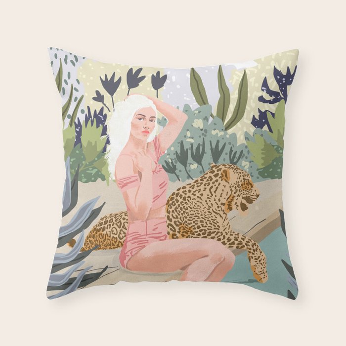 How To Train Your Leopard, Wild Cat Bohemian Woman Painting, Swimming Pool Bikini Summer Swim Animal Throw Pillow