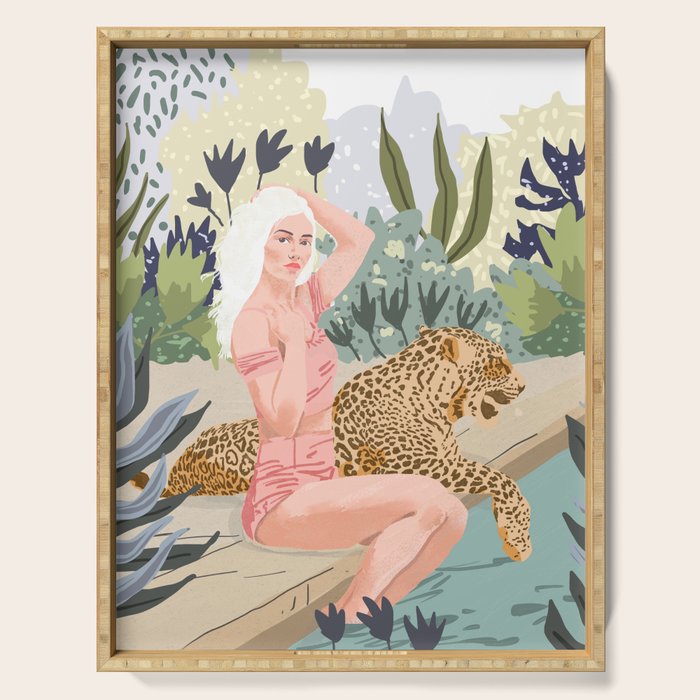 How To Train Your Leopard, Wild Cat Bohemian Woman Painting, Swimming Pool Bikini Summer Swim Animal Serving Tray
