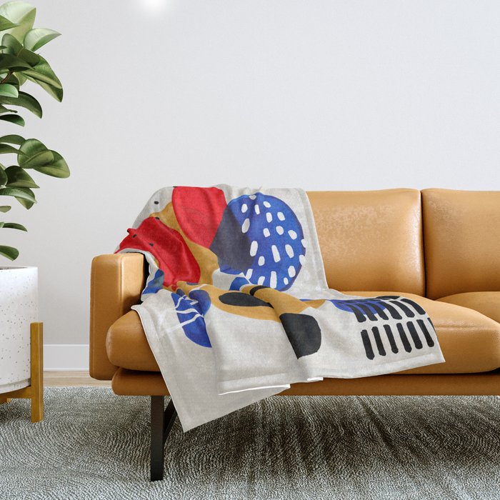 Fun Mid Century Modern Abstract Minimalist Vintage Primary Colors Blue Red Yellow Bubbles Throw Blanket