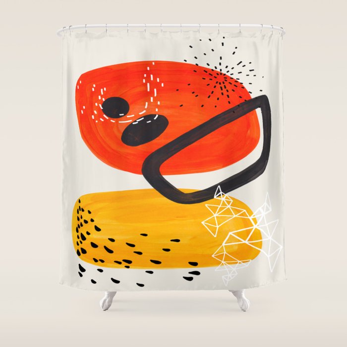 Fun Mid Century Modern Abstract Minimalist Vintage Orange Yellow Orbit Bubbles Shower Curtain