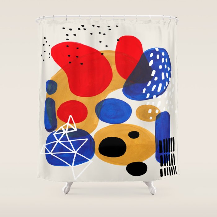 Fun Mid Century Modern Abstract Minimalist Vintage Primary Colors Blue Red Yellow Bubbles Shower Curtain