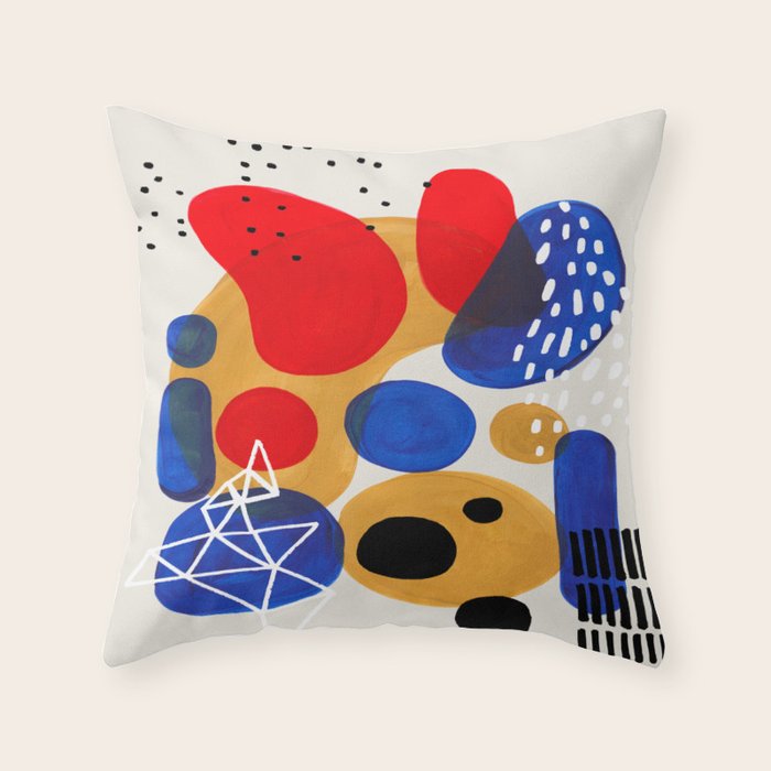 Fun Mid Century Modern Abstract Minimalist Vintage Primary Colors Blue Red Yellow Bubbles Throw Pillow