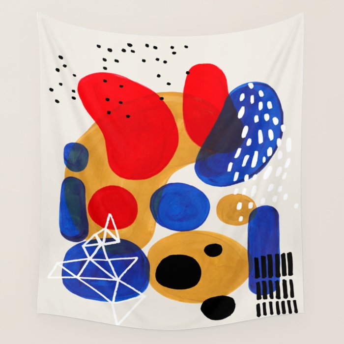 Fun Mid Century Modern Abstract Minimalist Vintage Primary Colors Blue Red Yellow Bubbles Wall Tapestry