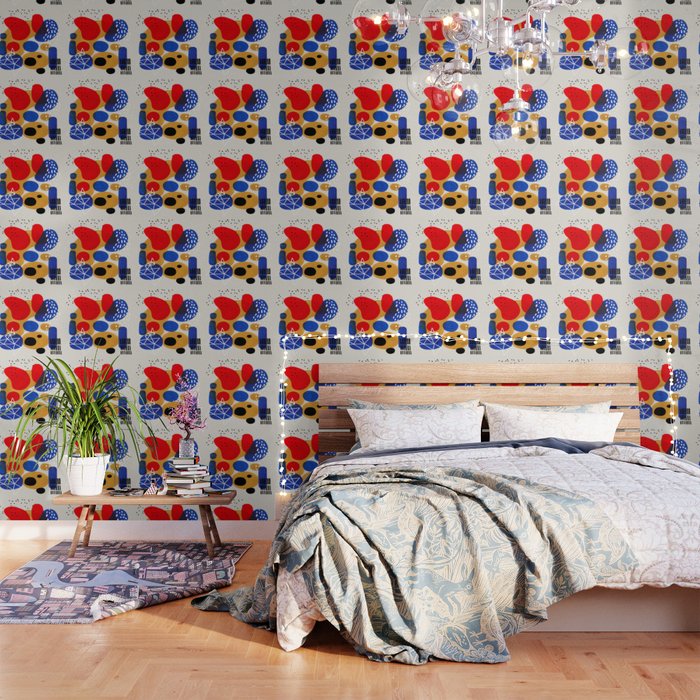 Fun Mid Century Modern Abstract Minimalist Vintage Primary Colors Blue Red Yellow Bubbles Wallpaper