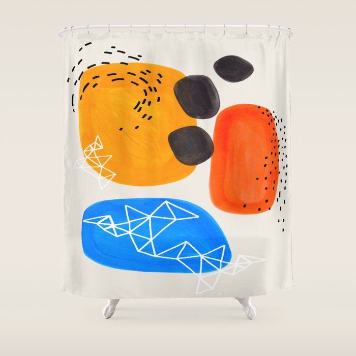 Fun Mid Century Modern Abstract Minimalist Yellow Orange Blue Watercolor Bubbles Shower Curtain