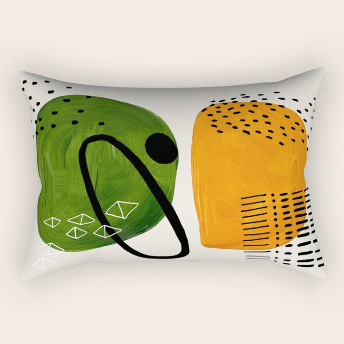 Mid Century Modern Abstract Colorful Art Patterns Olive Green Yellow Ochre Orbit Geometric Objects Rectangular Pillow