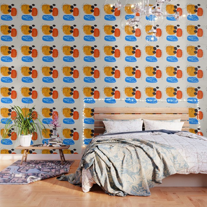 Fun Mid Century Modern Abstract Minimalist Yellow Orange Blue Watercolor Bubbles Wallpaper