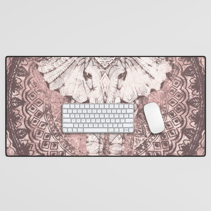 Bohemian, Elephant, Mandala, Blush, Moon Desk Mat