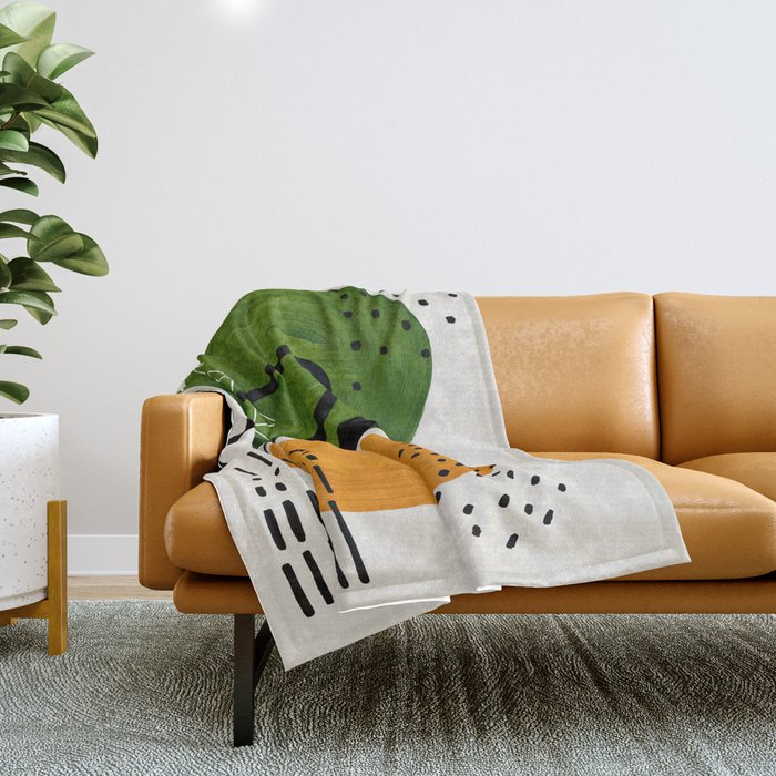 Mid Century Modern Abstract Colorful Art Patterns Olive Green Yellow Ochre Orbit Geometric Objects Throw Blanket