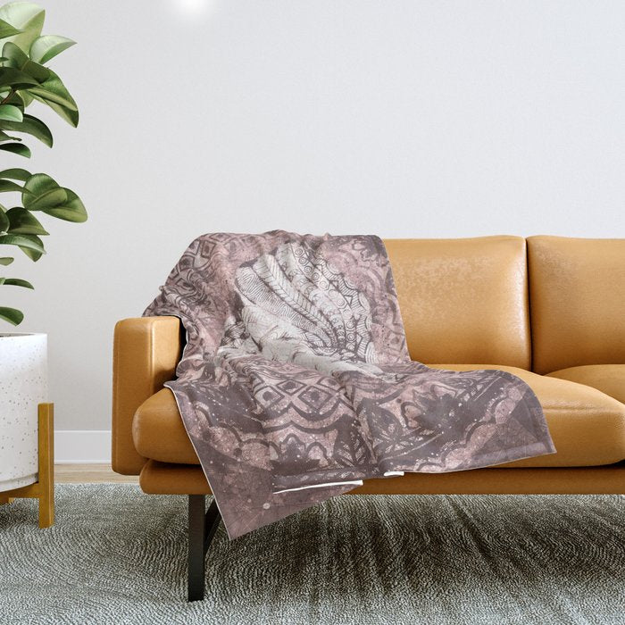 Bohemian, Elephant, Mandala, Blush, Moon Throw Blanket