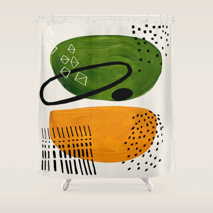 Mid Century Modern Abstract Colorful Art Patterns Olive Green Yellow Ochre Orbit Geometric Objects Shower Curtain