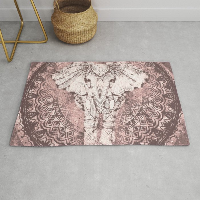 Bohemian, Elephant, Mandala, Blush, Moon Rug