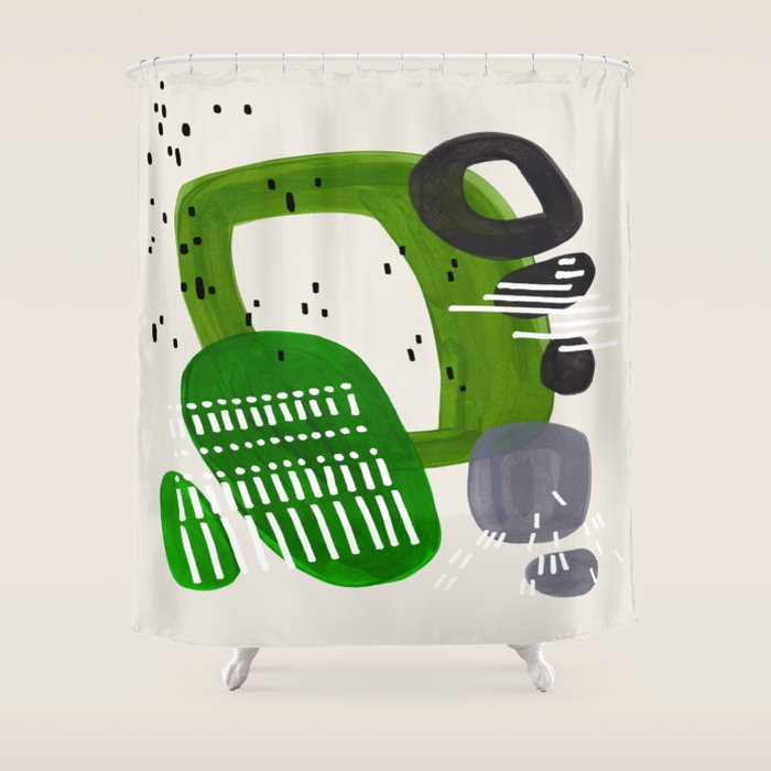Fun Mid Century Modern Abstract Minimalist Olive Green Rings Grey Black Accent Shower Curtain