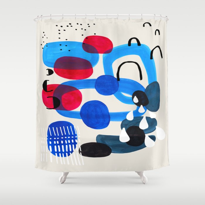 Mid Century Modern Abstract Colorful Art Patterns Ocean Blue Turquoise Grey Shower Curtain