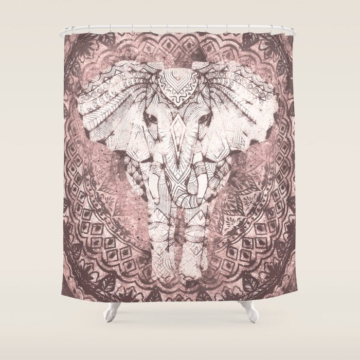 Bohemian, Elephant, Mandala, Blush, Moon Shower Curtain