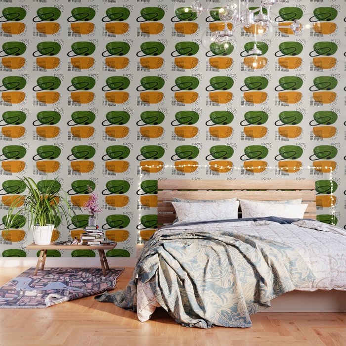 Mid Century Modern Abstract Colorful Art Patterns Olive Green Yellow Ochre Orbit Geometric Objects Wallpaper