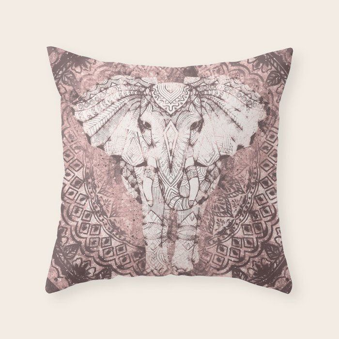 Bohemian, Elephant, Mandala, Blush, Moon Throw Pillow