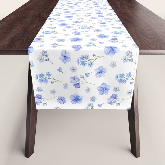 Elegant Blush Blue Yellow Watercolor Floral Pattern Table Runner