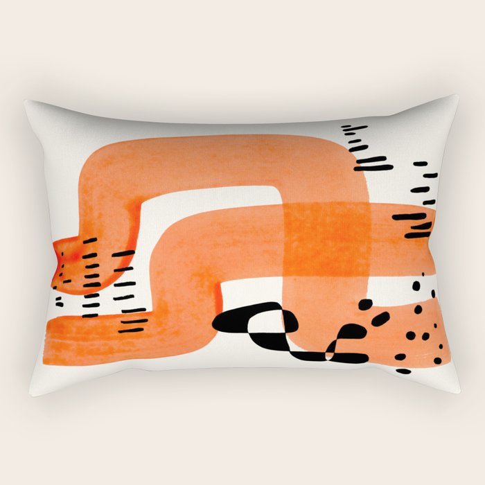 Fun Abstract Minimalist Mid Century Modern Orange Brush Strokes Watercolor Black Pattern Rectangular Pillow
