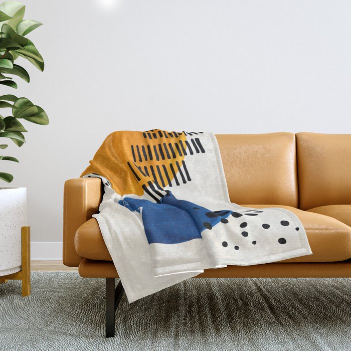 Fun Colorful Abstract Mid Century Minimalist Yellow Navy Blue Whiscial Patterns Organic Shapes Throw Blanket