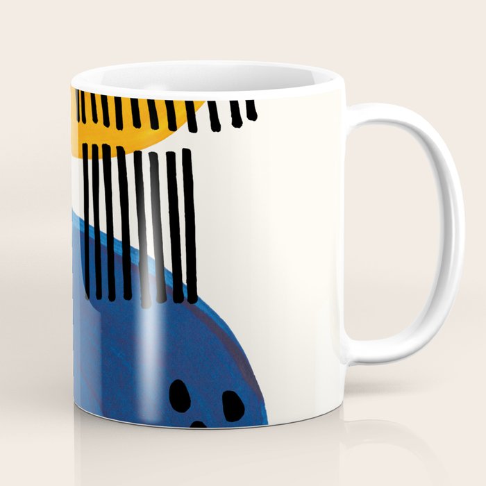 Fun Colorful Abstract Mid Century Minimalist Yellow Navy Blue Whiscial Patterns Organic Shapes Coffee Mug
