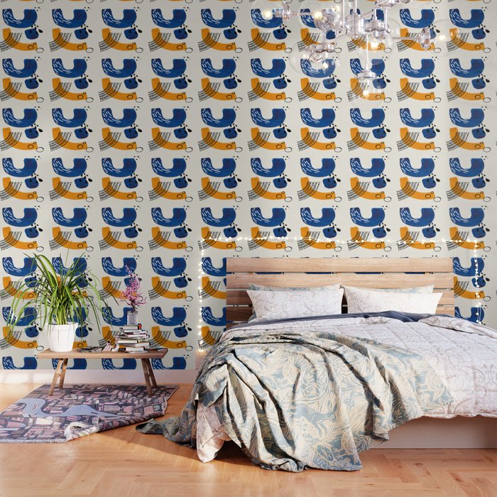 Fun Colorful Abstract Mid Century Minimalist Navy Blue Yellow Organic Shapes Water Drops Patterns Wallpaper