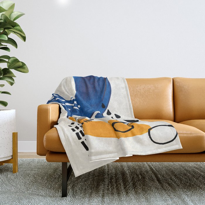 Fun Colorful Abstract Mid Century Minimalist Navy Blue Yellow Organic Shapes Water Drops Patterns Throw Blanket