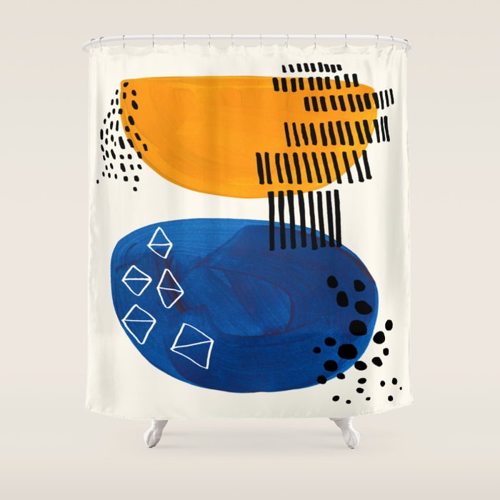 Fun Colorful Abstract Mid Century Minimalist Yellow Navy Blue Whiscial Patterns Organic Shapes Shower Curtain