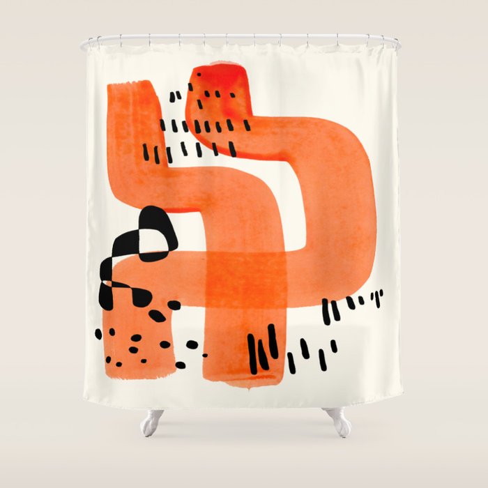 Fun Abstract Minimalist Mid Century Modern Orange Brush Strokes Watercolor Black Pattern Shower Curtain
