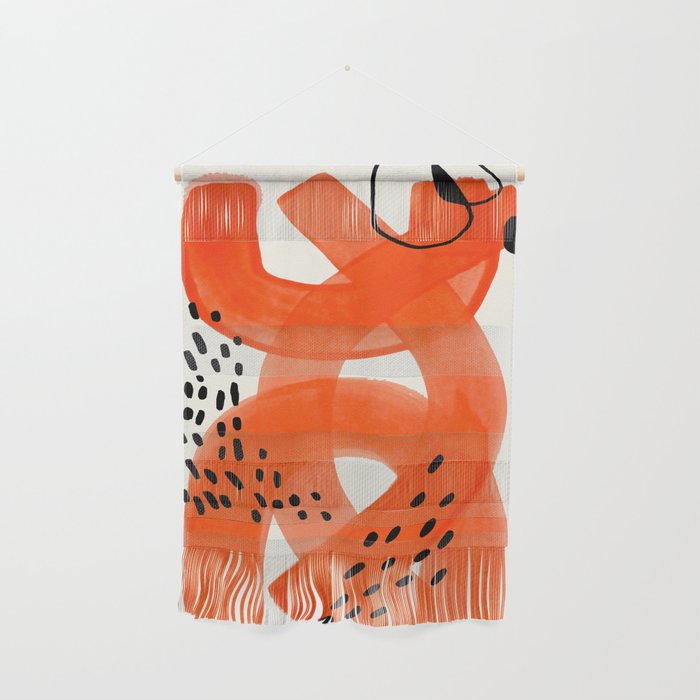 Fun Abstract Minimalist Mid Century Modern Orange Watercolor Ribbons With Black Ink Patterns Wall Hanging