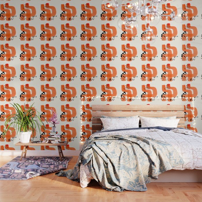 Fun Abstract Minimalist Mid Century Modern Orange Brush Strokes Watercolor Black Pattern Wallpaper