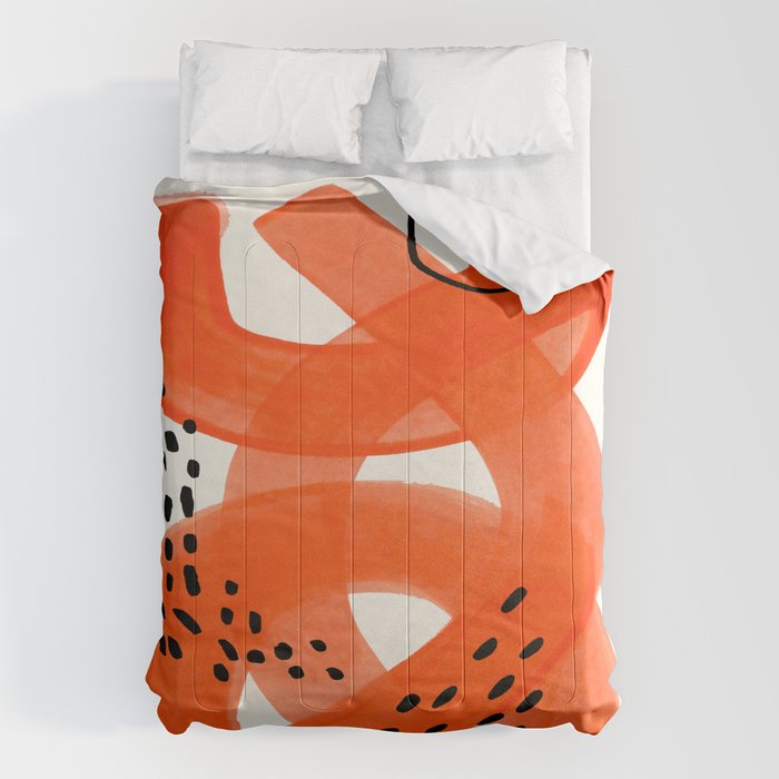 Fun Abstract Minimalist Mid Century Modern Orange Watercolor Ribbons With Black Ink Patterns Comforter