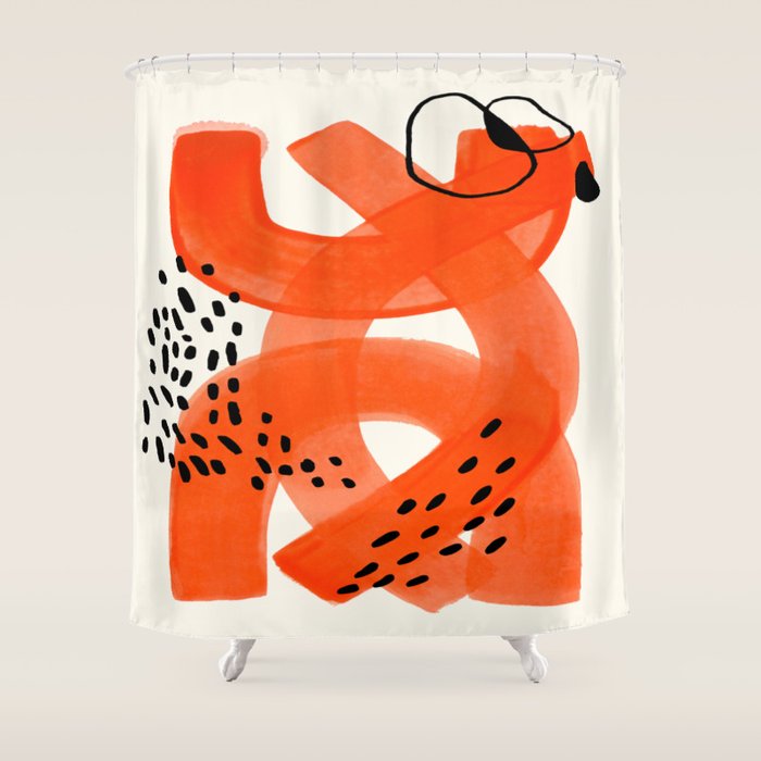 Fun Abstract Minimalist Mid Century Modern Orange Watercolor Ribbons With Black Ink Patterns Shower Curtain