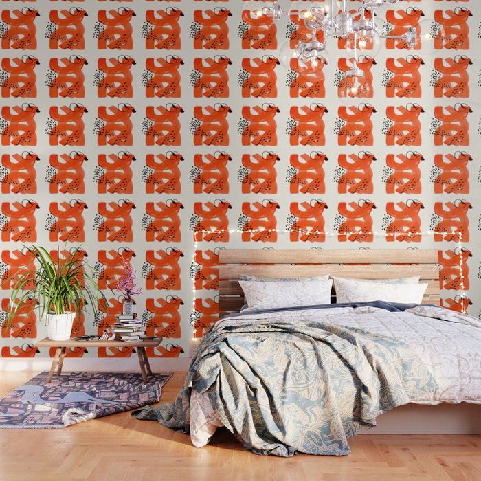 Fun Abstract Minimalist Mid Century Modern Orange Watercolor Ribbons With Black Ink Patterns Wallpaper