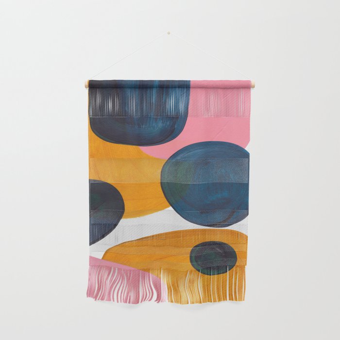 Mid Century Modern Abstract Minimalist Retro Vintage Style Pink Navy Blue Yellow Rollie Pollie Ollie Wall Hanging