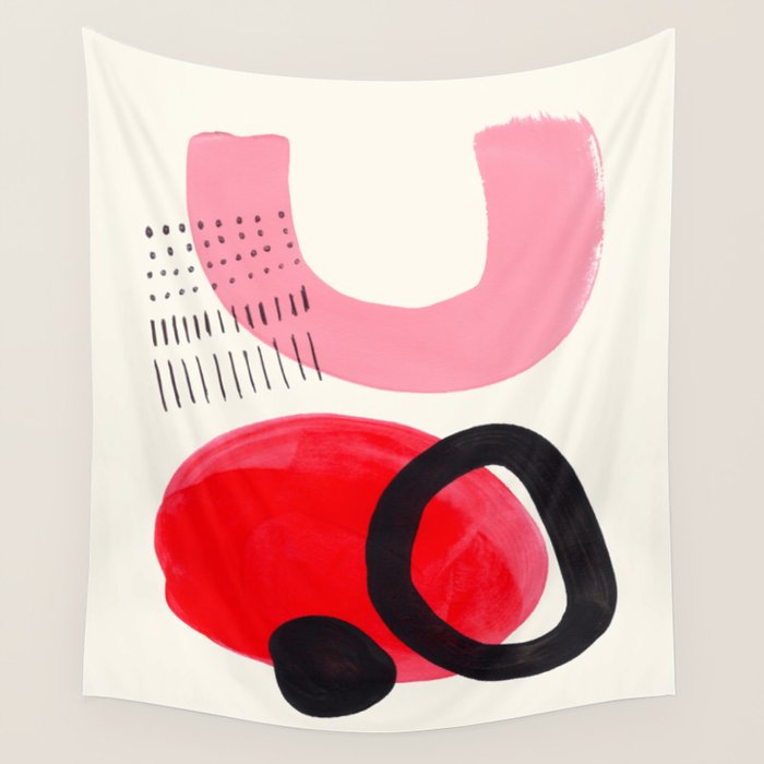 Vintage Abstract Mid Century Modern Playful Pink Red Candy Colors Organic Shapes Wall Tapestry
