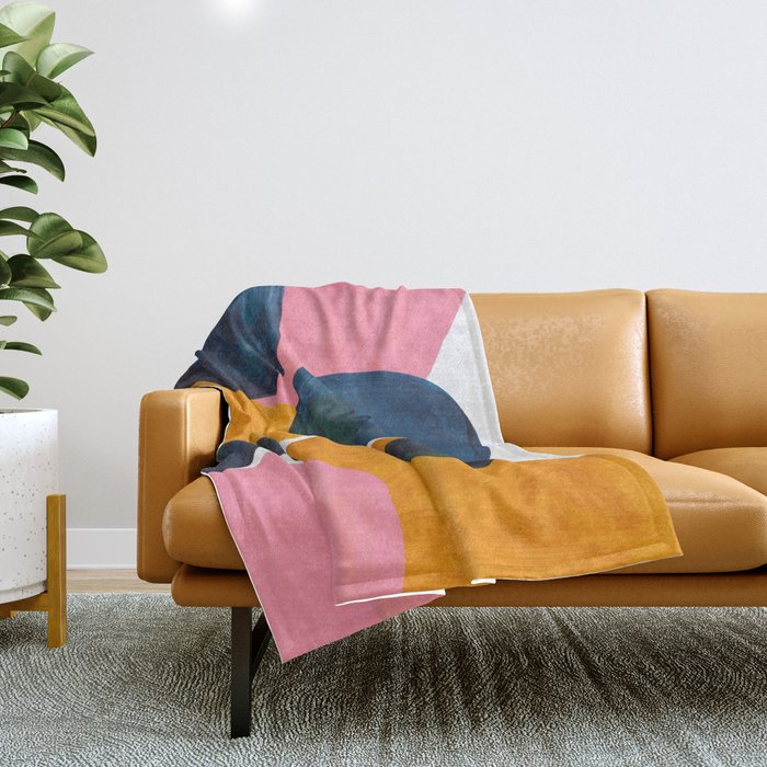 Mid Century Modern Abstract Minimalist Retro Vintage Style Pink Navy Blue Yellow Rollie Pollie Ollie Throw Blanket